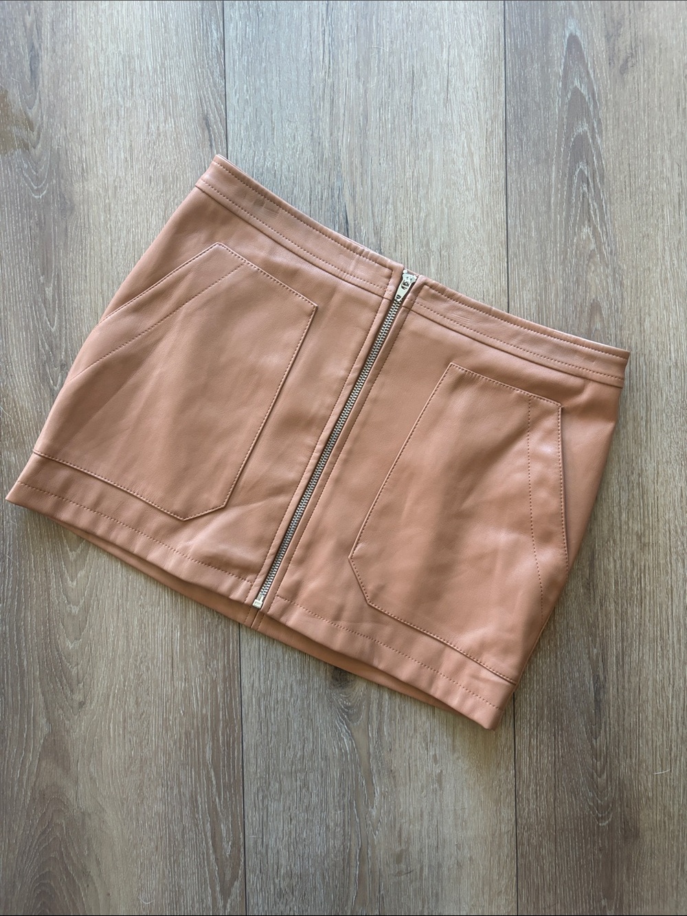 Free People Tan Blush Faux Leather Zip-Front Mini Skirt